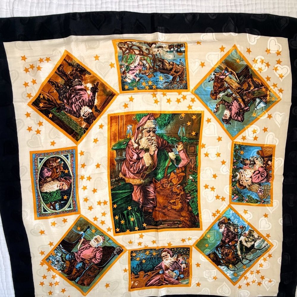 Vintage Santa Christmas Scarf Black Gold Holiday Print Square Retro